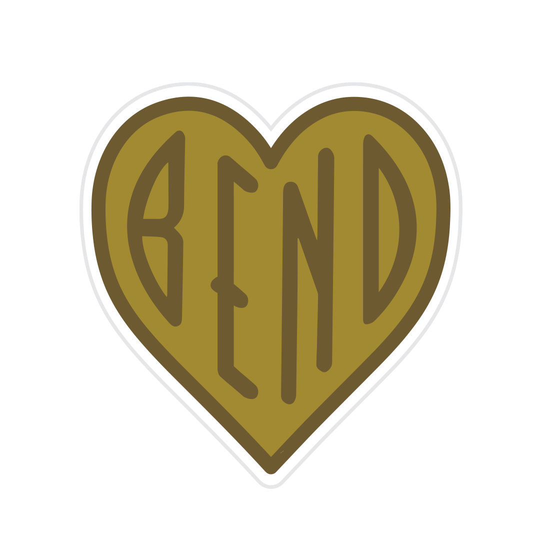  Bend Oregon Heart Sticker. For those that love Bend Oregon and Central Oregon. Bend Sticker is brown tones the color of the high desert. This sticker is from High Desert Supply Co.