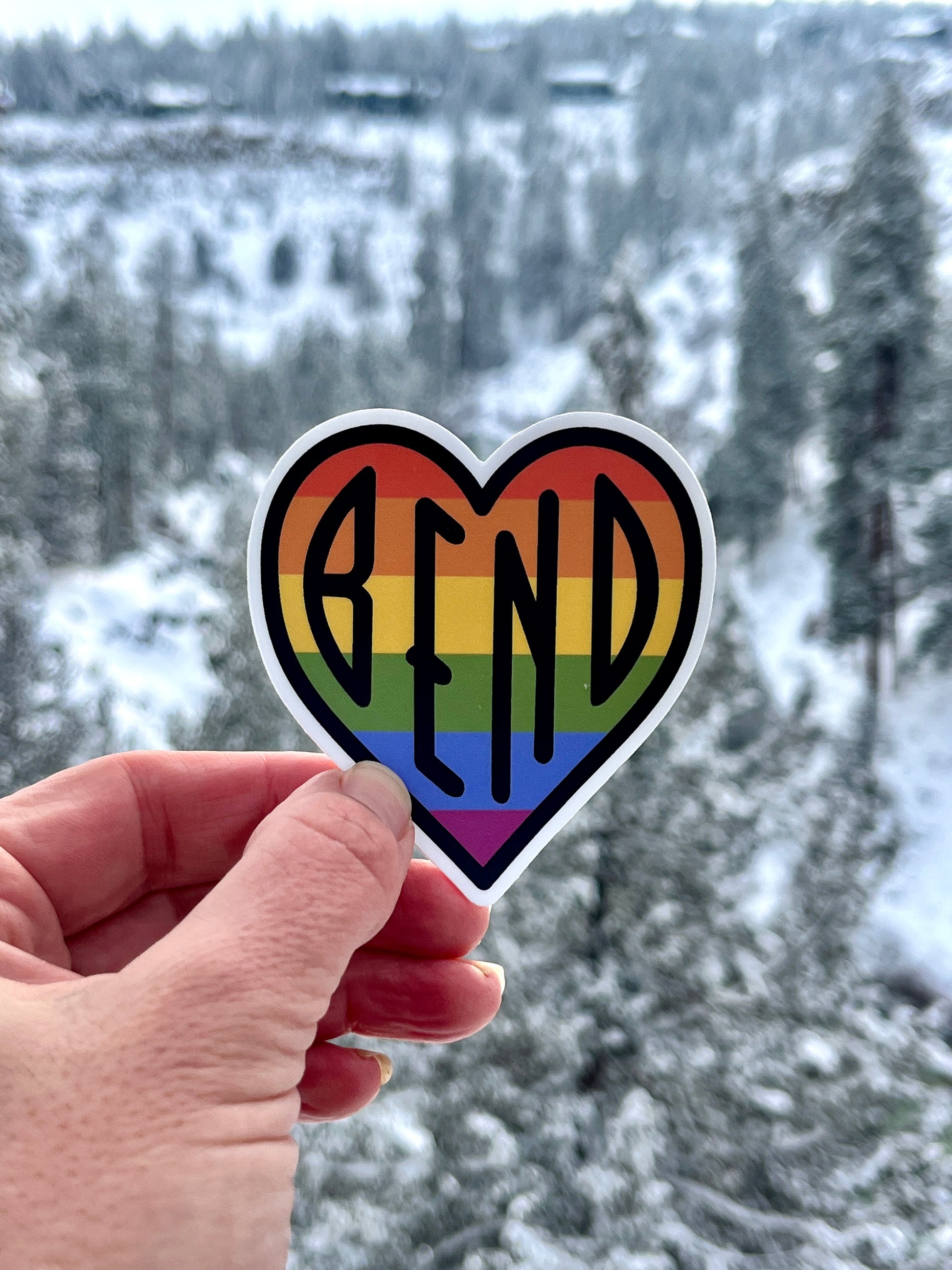  Bend Oregon Heart  Pride Sticker. For those that love Bend Oregon and Central Oregon and want to show there pride for the LGTQAI+ community. Prefect for PrideFest, Pride Fest, at Mt Bachelor . Bend Sticker is muted rainbow colors the colors of Pride in the high desert. This sticker is from High Desert Supply Co.